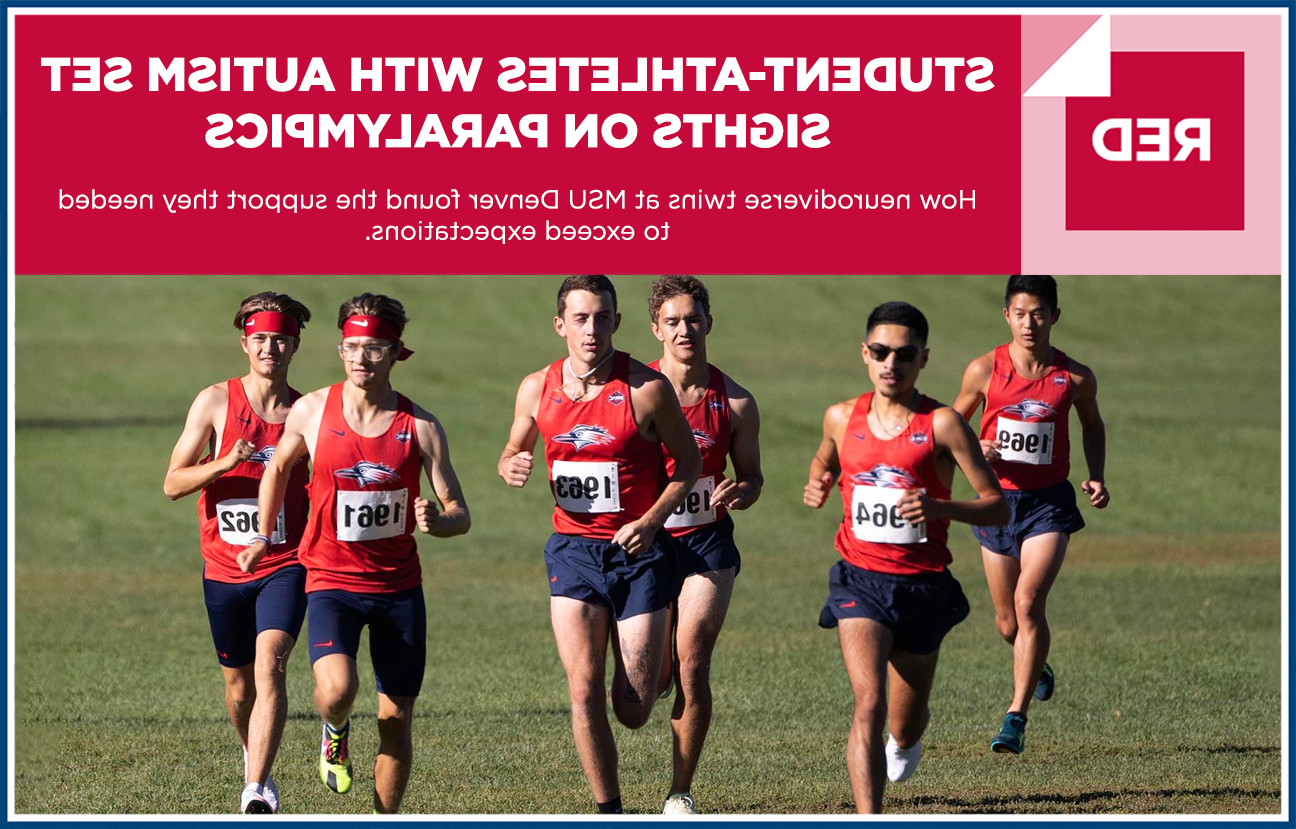 Graphic image with photograph of student athletes running with text overlaid that reads "Student-athletes with autism set sights on Paralympics - How neurodiverse twins at 密歇根州立大学丹佛 found the support they needed to exceed expectations."